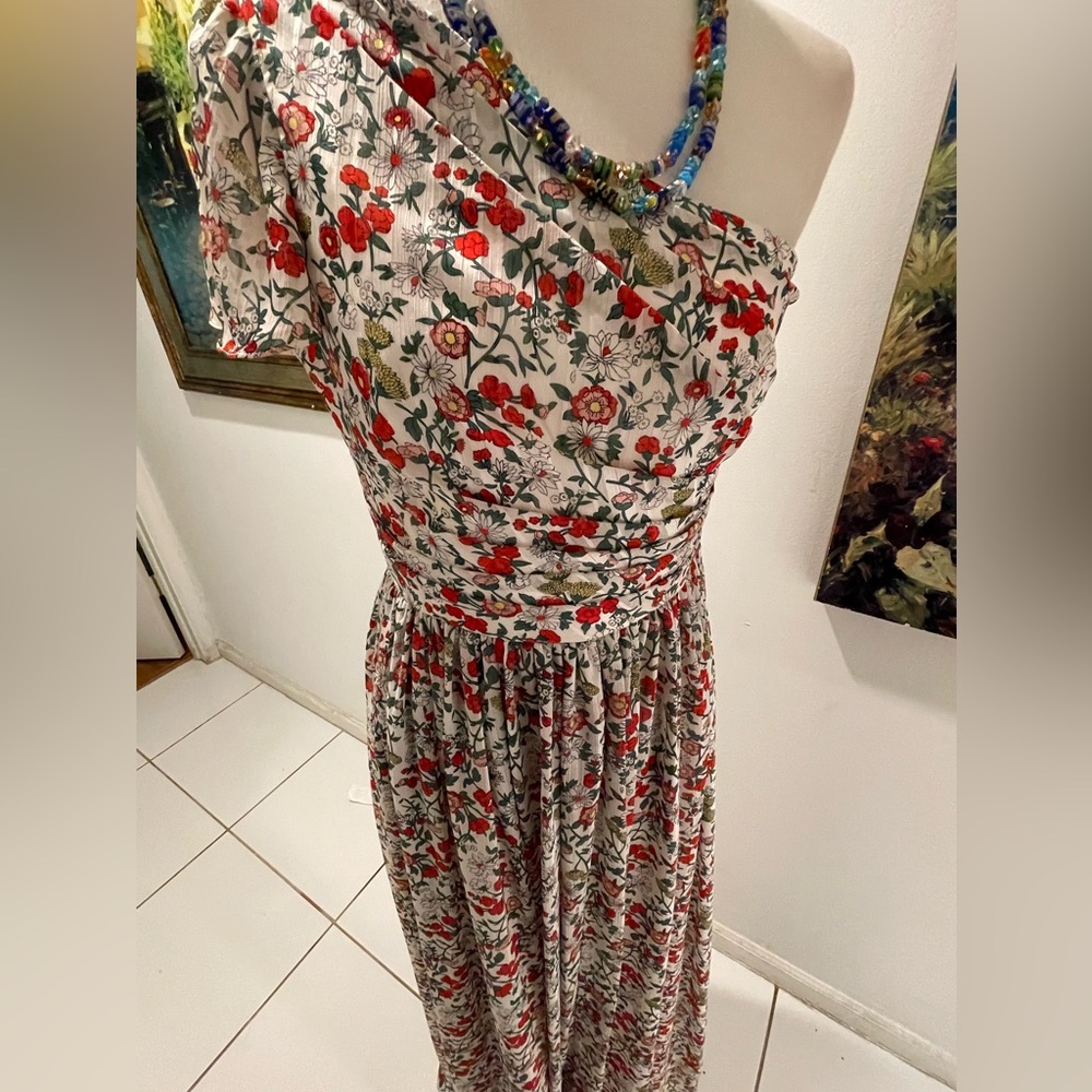 NWT MIKAEL AGHAL Multi Color Floral Gown ,  1 Shoulder Red, Yellow , Floral Sz 6